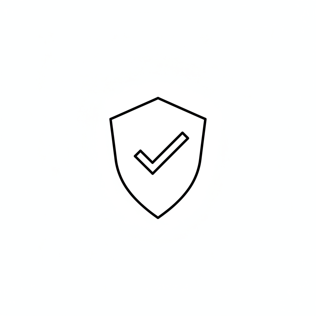 Ultra-minimalist monochrome line icon of a shield checkmark for cybersecurity, outlined, no fill, suitable as a tiny pictogram next to text on a white background.