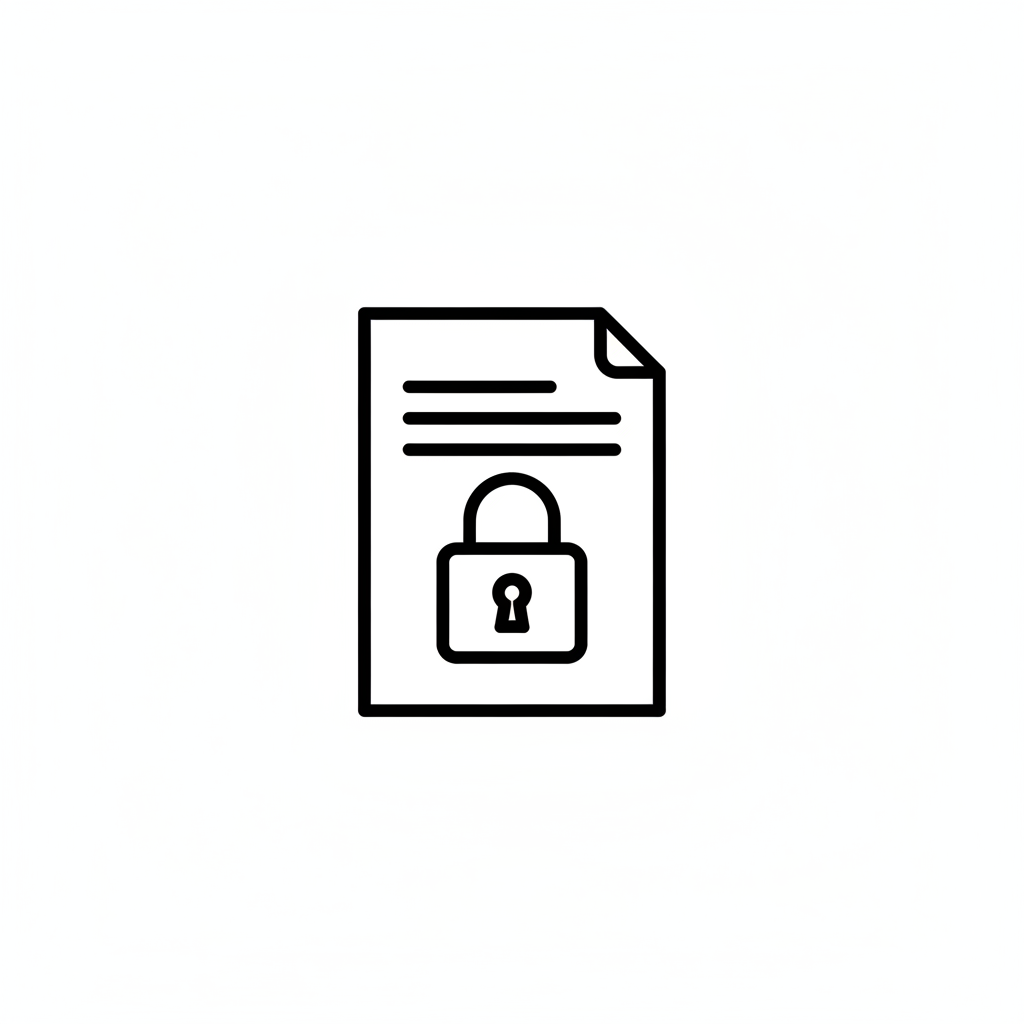 Ultra-minimalist monochrome line icon of a document with a lock for data confidentiality, outlined, no fill, tiny pictogram on white background.