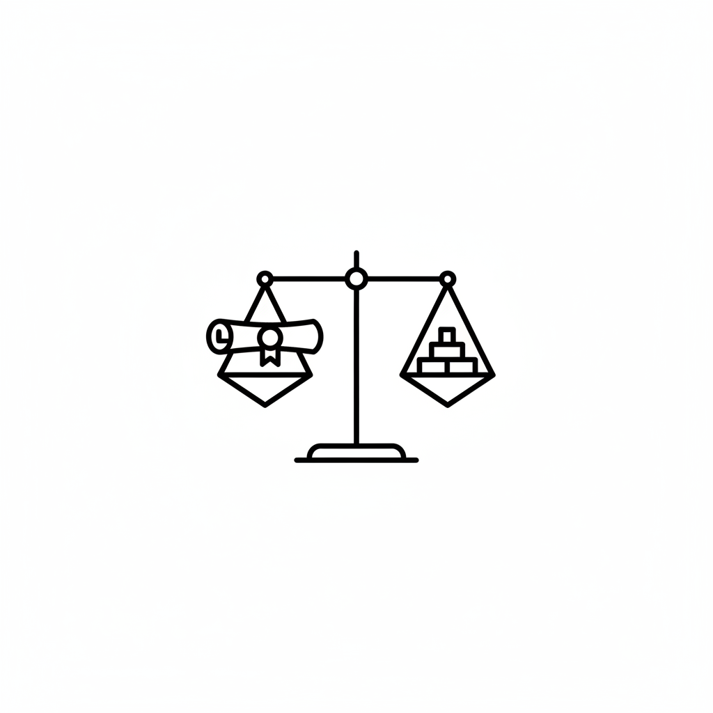 Ultra-minimalist monochrome line icon of a legal scale and document for regulatory compliance, outlined, no fill, tiny pictogram on white background.